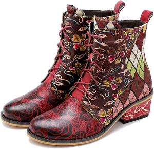 Женские ручные ретро-сапоги на высоком каблуке из овчины, красочная роспись, металлический стиль - модные, удобные, прочные, уникальный стиль меньшинств Riutiru, Red-6