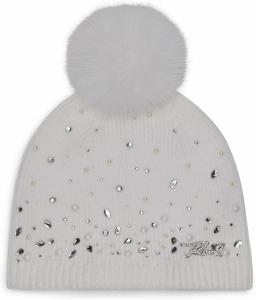 Женская шапка-бини с помпоном из искусственного меха Karl Lagerfeld, украшенная кристаллами и жемчугом, Ivory