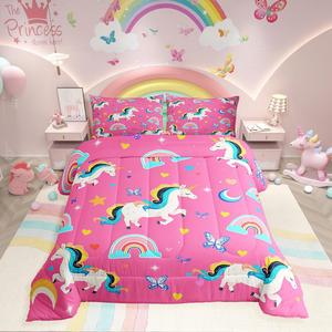 Erosebridal Комплект постельного белья Unicorn с мультяшными фантазийными лошадками, радугой, луной и бабочками в розовом цвете, Pink Blue White