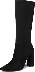 Женские ботильоны SAMMITOP с острым носком, с молнией, на среднем голенище и 100 мм блочном каблуке, замшевые, Black