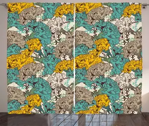 Штора ABAKUHAUS Floral Rustic в винтажном стиле, универсальная, ленточная штора для гостиной с петлями и крючками, 280 x 225 см, цвет: коричневый, желтый, бирюзовый, бежевый Abakuhaus
