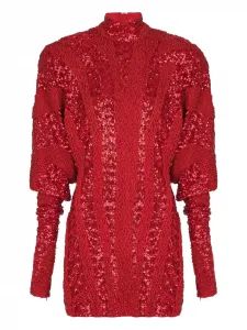 Платье мини с высоким воротником и пайетками BALMAIN, красный