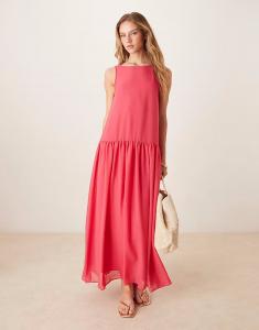 Платье макси из шифона с заниженной талией ярко-розового цвета Asos Design