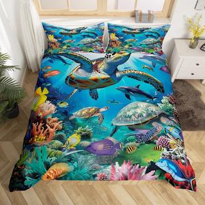 Erosebridal Комплект постельного белья с принтом подводного мира и морских обитателей из хлопка, Blue Purple Yellow