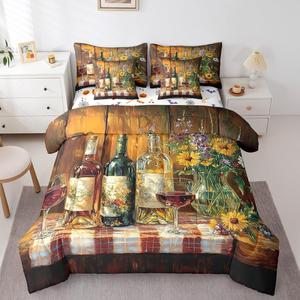 Erosebridal Комплект постельного белья 7Pcs с принтом подсолнухов и бокалов вина из сатина, Brown,yellow