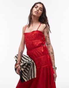 Платье миди Topshop с оборками и завязками по бокам красного цвета