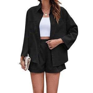 Женский комплект из рубашки с длинным рукавом и шорт свободного кроя для повседневной носки Clearflower, Black