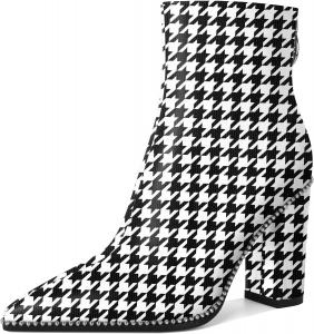 Женские ботильоны с заостренным носком, высокие каблуки, массивные ботильоны на толстой подошве, каблук 3,8 дюйма Younton, Matte Houndstooth