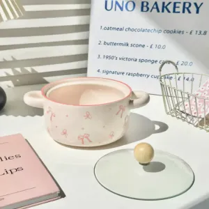 Ceramics Керамическая чаша для риса и йогурта привлекательного кремового цвета с крышкой-бабочкой, набор посуды для дома, Pink