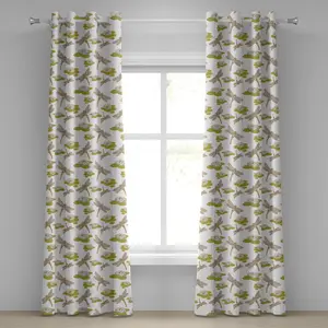 Штора на люверсах Стрекоза от ABAKUHAUS, азиатский цветок лотоса с символическими насекомыми, тема йоги и медитации, художественный принт, декоративные двухпанельные шторы, 280 см x 175 см, цвет: яблочно-зеленый кремовый