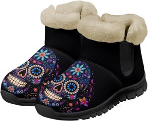 Сапожки с черепом для женщин и мужчин, водонепроницаемые, теплые, пушистые, ботильоны на зиму, для улицы, против скольжения, размеры США 6-12 Pointodoor, Skull Print