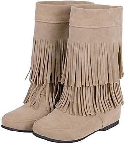 Женские ботильоны ZBYY с кисточками, скрытая танкетка, укороченные сапоги с бахромой в ковбойском стиле, плоская подошва, круглый носок, 10.5 Beige