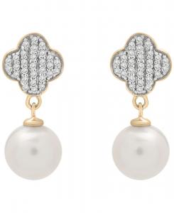 Серьги в форме клевера с культивированным пресноводным жемчугом (7 мм) и бриллиантами (1/10 карата) в оправе из 14-каратного желтого золота поверх стерлингового серебра Macy's, Yellow