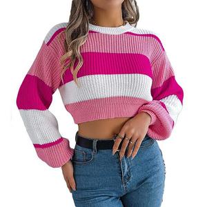 Женский свитер с цветными блоками, укороченный, с рукавами-фонариками Clearflower, Pink