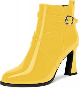 Женские повседневные ботильоны NUMALEO с перекрестным ремешком, теплой пряжкой, лакированные, с округлым носком, на открытом воздухе, с блочным высоким каблуком 3,3 дюйма, Yellow