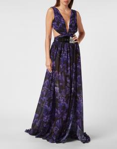 Шифоновое длинное платье с цветами Philipp Plein, черный