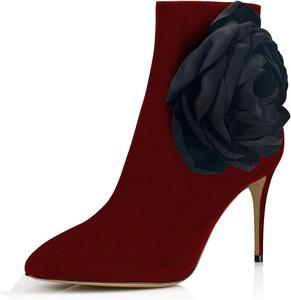 Женские модные ботильоны FSJ с цветочным принтом, заостренным закрытым носком, на шпильке, с высокими каблуками, короткие ботинки из искусственной замши с боковой молнией, для вечеринок, свадеб, осени и зимы, размеры 4-15 US, Red Black