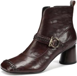 Женские ботильоны TinaCus из натуральной кожи с квадратным носком, ручной работы, с ремешком и пряжкой, конусовидные каблуки, короткие ботинки на молнии, Brown