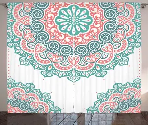 Шторы ABAKUHAUS Henna Rustic, мягкие, с рисунком мандалы и азиатского стиля, универсальные, для гостиной, с петлями и крючками, 280 x 245 см, бирюзовый, кораллово-бирюзовый Abakuhaus