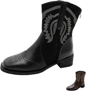 Женские ковбойские ботинки, ботильоны, ковбойские западные сапожки с вышивкой, квадратный носок, низкий каблук, ботильоны Generic, Black