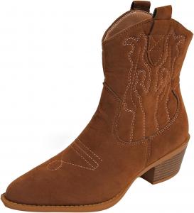 Женские ковбойские ботинки на шнуровке в западном стиле с вышивкой, удобные, с заостренным носком, зимние короткие ботильоны Generic, Brown