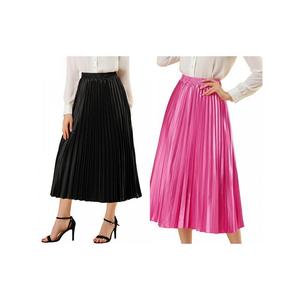2 упаковки женских блестящих плиссированных миди-юбок металлик с эластичной резинкой на талии ALLEGRA K, цвет Black And Rose Red