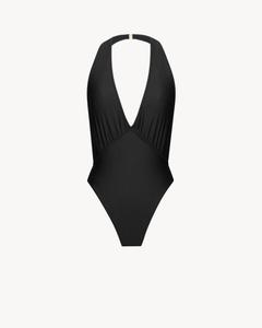 Слитный купальник с открытой спиной и воротником-хомутом Saint Laurent, черный