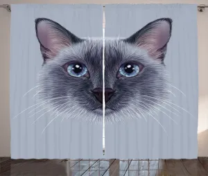 Штора ABAKUHAUS в деревенском стиле с изображением животных, портрет сиамской кошки, универсальная тесьма для гостиной с петлями и крючками, 280 x 245 см, цвет: белый, синий, серый Abakuhaus