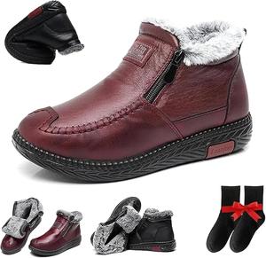 Женские водонепроницаемые нескользящие хлопковые кожаные сапоги, новые утепленные флисом теплые зимние сапоги, широкие водонепроницаемые кожаные нескользящие сапоги, мама-хлопковые кожаные туфли с молнией GHTRHSB, Red
