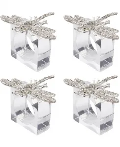 Набор из 4 колец для салфеток с изображением стрекозы, украшенных драгоценными камнями Saro Lifestyle, серебряный