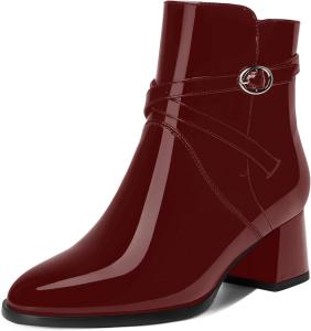 Женские ботинки AMBELIGHT с пряжкой, для путешествий, с круглым носком, наружной лакированной кожей, ремешком на щиколотке, на устойчивом низком каблуке 2 дюйма, Burgundy