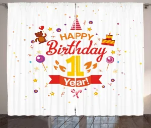 Штора ABAKUHAUS "Рустикальный день рождения", "Вечеринка с шишками, Мишка", универсальная, для гостиной, с петлями и крючками, 280 x 225 см, цвет: бархатцы, фиолетовый и красный Abakuhaus