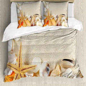 Пододеяльник ABAKUHAUS с ракушками и морскими звездами, с защитой от клещей, подходит для аллергиков, с наволочками, 155 см x 220 см - 80 x 80 см, бежевый, слоновая кость, кремовый Abakuhaus