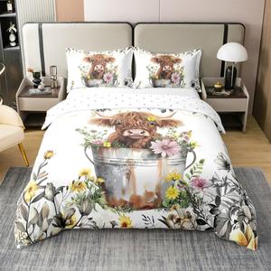 Erosebridal Комплект постельного белья Highland Cow из 100% хлопка с принтом в стиле бохо и фермерских животных, Grey Brown