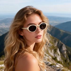 Солнцезащитные очки Melrose Retro Narrow Oval для женщин, винтажные, в стиле 90-х и Y2K, милые дизайнерские солнцезащитные очки с защитой от ультрафиолета UV400, Beige/Black