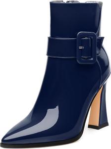 Женские ботильоны, высокие ботильоны на каблуке, ботильоны с заостренным носком, короткие модные ботинки с боковой молнией и пряжкой для женщин GUAVAIVY, Navy Blue Patent