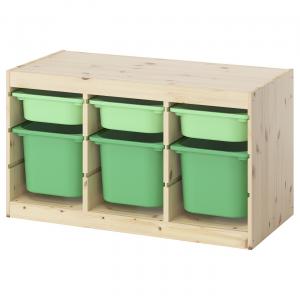 Комбинированный набор для хранения + ящики, сосна светло-белого цвета, окрашенная в светло-зеленый/ярко-зеленый цвет, 93x44x52 см. IKEA Trofast