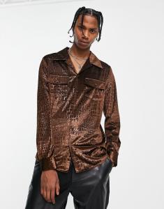 Коричневая бархатная рубашка стандартного кроя с тиснением под крокодила ASOS DESIGN