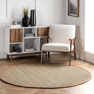 Круглый ковер 122 x 122 см nuLOOM Elijah из морской травы, коричневый, однотонный в стиле фермерского дома, с хлопковой окантовкой, плетение корзиночное, из натурального волокна, для спальни, столовой, гостиной, прихожей, офиса, кухни, входной зоны