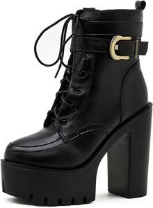 Женские ботильоны DXSYMJM на массивном каблуке с платформой, боковой молнией, металлической пряжкой и шнуровкой, Black