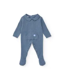 Вязаный голубой комбинезон для малыша с классическим воротником и передним карманом Tuc tuc