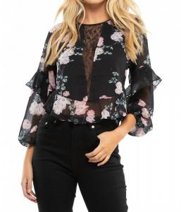 Tomie Блуза с длинными рукавами и воланами по подолу в черный цветочек Blue Life