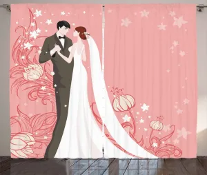 Штора в стиле розовый деревенский от ABAKUHAUS, Танцующие цветы жениха и невесты, для спальни, присборенная, с петлями и крючками, 280 x 175 см, цвет: черный, белый, розовый Abakuhaus