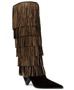 Женские замшевые сапоги на каблуке Jayla с бахромой Michael Kors, Black/ Gold Fringe