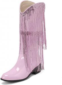Ботинки-ковбойки с металлическим декором для девушек и женщин, любительниц рейва - блестящие, с вышивкой, средней длины, с широкой голенью, платформой и низким каблуком, ретро-удобная обувь с кисточками для длительного стояния Zenrave, Pink