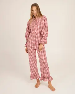 Женская пижама в клетку с рюшами на манжетах Bohodot, красный