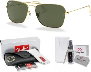Солнцезащитные очки Ray-Ban RB3136 CARAVAN для мужчин и женщин + комплект с аксессуарами, Gold / G-15 Green