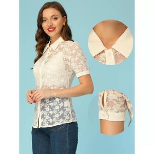 Кружевная рубашка с пышными рукавами и цветочным принтом ALLEGRA K, бежевый