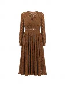 Кружевное миди-платье с поясом MAX MARA, коричневый