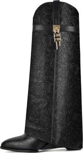 Сапоги с отворотом для женщин, острый носок, на танкетке, до колена, с боковой молнией и декоративным замком CDHYX, Black-Yh